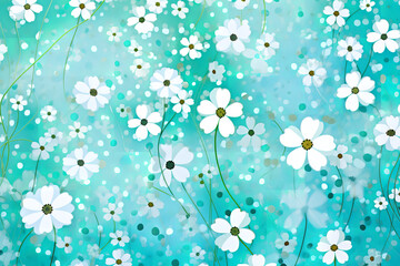Wall Mural - turqoise and white floral wallpaper, in the style of confetti-like dots, rounded shapes, gestural markings
