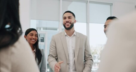 Sticker - Happy businessman, handshake and meeting in teamwork, agreement or promotion at office. Business people shaking hands in greeting, introduction or partnership for b2b or deal together at workplace