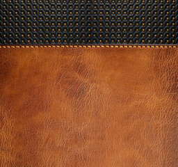 Sticker - Leather background of brown and black colors with bronze rivets. Decorative backdrop with brown and black color cowhide texture.  Copy space for text