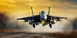 Combat military fighter rapidly takes off at high speed at sunset