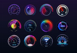 Fototapeta  - Speedometers set. Car speed realistic dashboard, futuristic gauge meter, counter and arrow. Bright glowing elements on black background. Vector exact isolated interface design