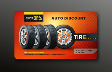 Car workshop coupon. Automobile repair service discount certificate. Rubber tire. Vehicle spare wheel. Auto maintenance garage voucher. Shop advertising banner. Vector design template