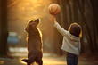 A child having fun outdoor with dog and basketball ball. Generative Ai