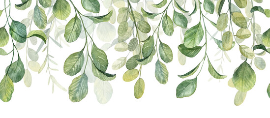 long banner header with hanging green botany. hand painted watercolor illustration for greeting card