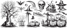 Arge Collection Icons Silhouettes Of Halloween Characters. Hand Drawn Vector Illustration, Halloween Decoration Design Elements Collection. Festive Pumpkins With Grinning Face, Headstone, Ghost, Bat