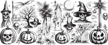 Arge Collection Icons Silhouettes Of Halloween Characters. Hand Drawn Vector Illustration, Halloween Decoration Design Elements Collection. Festive Pumpkins With Grinning Face, Headstone, Ghost, Bat