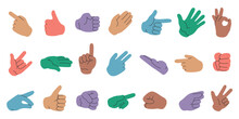 Colorful Hands Collection. Human Arm And Hand Gestures, People Gestures With Fingers, Point, Shake, Fist And Hand Sign. Vector Flat Set