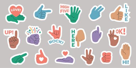 Comic hand stickers. Cute labels with hand expression and gestures, funny little fingers and palm badges, doodle hands of praise for planner. Vector set