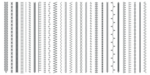 Black stitches collection. Seamless print of decorative cross stitch patterns, old fashion embroidery lace brush thread design. Vector set