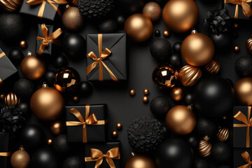 Poster - Luxury Black New Year Background with Golden and Black Christmas Balls extreme closeup. Generative AI