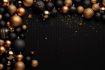 Poster - Luxury Black New Year Background with Golden and Black Christmas Balls extreme closeup. Generative AI