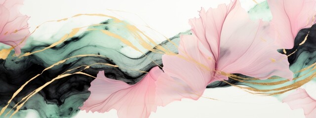 Poster - Abstract marble marbled stone ink liquid fluid painted painting texture luxury background banner - Pink petals, blossom flower swirls gold painted lines illustration