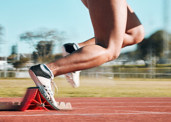 Canvas Print - Start, running and speed with shoes of person on race track for fitness, sports and marathon training. Competition, health and workout with closeup of runner in stadium for energy and performance