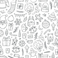 Wall Mural - Christmas seamless pattern with doodles for coloring pages, wrapping paper, scrapbooking, stationary, wallpaper, prints, etc. Xmas monochrome repeat pattern. EPS 10