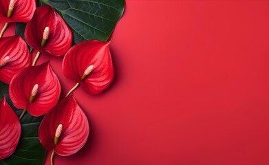 Wall Mural - Red anthurium flowers on red background. 