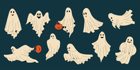 Wall Mural - Cute ghost. Cartoon scary fantasy characters with spooky expressions, funny scary monster trick or treat elements. Vector Halloween set