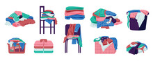 Clothes In Piles And Stacks. Dirty Laundry Bundle, Messy Stacks Of Clothes, Chore Of Washing And Drying. Vector Messy Laundry Illustration