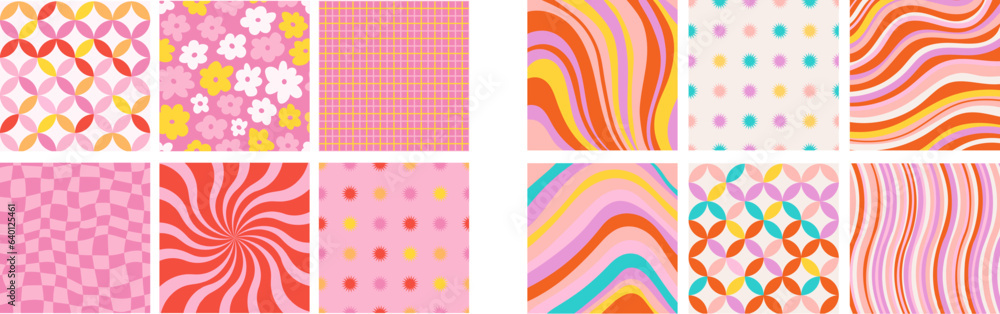 Groovy seamless patterns with funny happy daisy, wave, chess, mesh, and ...