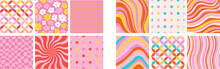 Groovy Seamless Patterns With Funny Happy Daisy, Wave, Chess, Mesh, And Sunburst. Set Of Vector Backgrounds In Trendy Retro Trippy Style. Hippie 60s, 70s Style. Yellow, Pink, Red Colors.