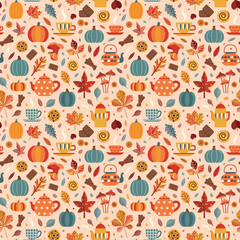 Wall Mural - Autumn Mood Seamless Pattern with Fika Motives