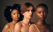Diversity, pride and portrait of people with beauty from queer or lgbtq community isolated in a studio brown background. Serious, man and women with creative makeup for equality and inclusion