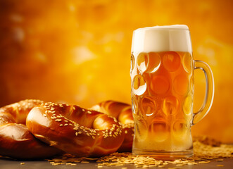 Wall Mural - Traditional German beer in a glass or mug, served with salty pretzels. Concept of the Oktoberfest. Close up.