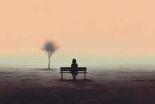 A Tree Standing Alone And A Girl Sitting On A Bench. Loneliness.
