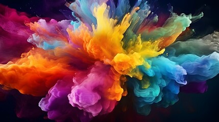 Wall Mural - Splash of color paint, water or smoke on dark background, abstract pattern, generative AI.