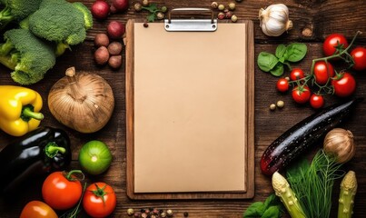 Wall Mural - blank rustic wood menu clipboard, surrounded by cooking ingredients and fruit and vegetables, top view, focus on center . Generative AI