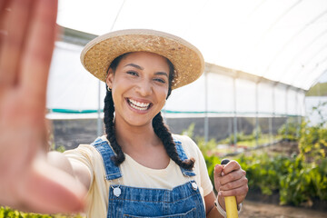 Selfie, happy and farmer woman in a greenhouse for agriculture or sustainability in the harvest season. Portrait, smile in nature and a young female farming in a natural garden for ecology and growth