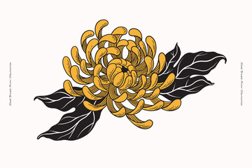 Poster - Bud of yellow chrysanthemum on a light background. Tattoo sketch. Garden flowers, vector illustration. Botanical illustration for floral design of invitations, cards.
