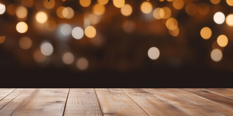 Wall Mural - Empty wooden table top with out of focus lights bokeh rustic farmhouse living background