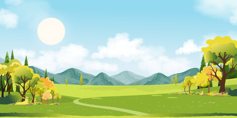 Wall Mural - Spring Landscape,Mountain with green field,blue sky and clouds,Panorama Summer rural nature in with grass land on hill.Cartoon Vector illustration backdrop for Nature banner