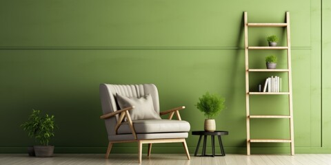 Wall Mural -  Interior with green armchair and ladder shelf in modern living room with wooden panelling and mockup wall.