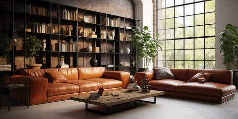 Wall Mural - Luxury interior design of modern living room with terra cotta leather sofa.