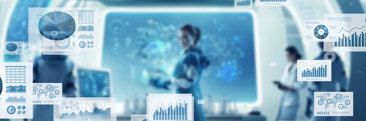 Poster - Futuristic facility and digital technology concept. Wide angle visual for banners or advertisements.