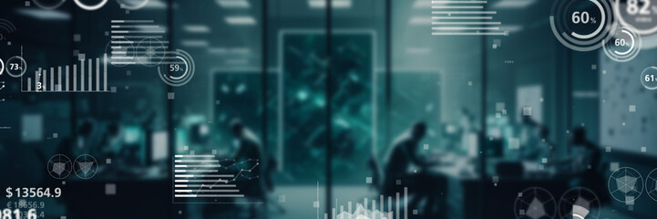 Aufkleber - Futuristic office and statistics data concept. Wide angle visual for banners or advertisements.