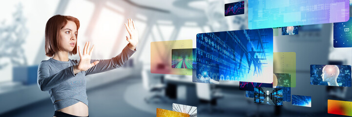 Poster - Young woman watching stereoscopic images. Wide angle visual for banners or advertisements.