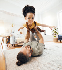 Poster - Father, child and airplane game on floor, playing and excited with care, love and lift in air, living room or house. Dad, kid and playful with plane, flying and bonding in interracial family home