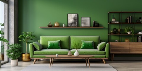 Wall Mural - Modern interior design of living room with green sofa and wooden coffee table. Home interior