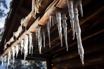 Poster - Nature's jewel-like icicles dangle, catching light and shimmering, adorning a cabin's rustic facade