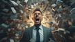 Man in suit screaming in chaos background. Capturing the agitated expression of a businessman amidst a turbulent corporate landscape and the struggle to overcome competitive challenges