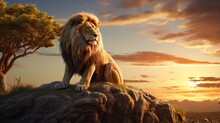 Beautiful Lion Mountain Next Tree Animal Picture Ai Generated Art