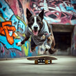 Akrobatischer Hund auf einem Skateboard. Grafitty an der Wand. 3d render.