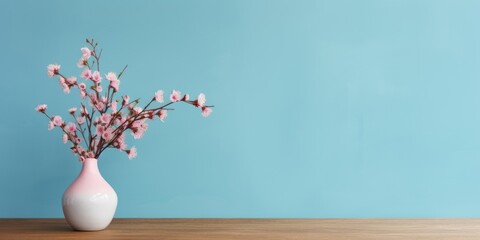 Wall Mural - Wooden table with flowers in vase over blue and pink wall background. Interior design of modern living room