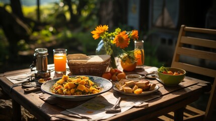 Poster - _a table outdoors with a meal and other items