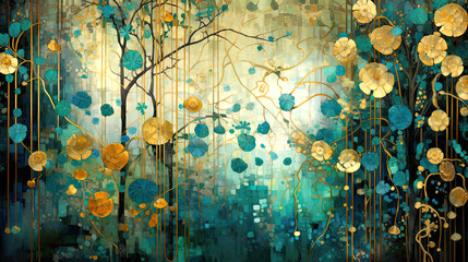 Wall Mural - Beautiful abstract nature scene with golden flowers. Textured artwork in teal, blue and gold. High resolution panoramic wall art, art nouveau, jugendstil.