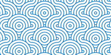 Seamless Geometric Ocean Spiral Pattern And Abstract Circle Wave Lines. Blue Seamless Tile Stripe Geomatics Overloping Create Retro Square Line Backdrop Pattern Background. Overlapping Pattern.