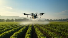 Drone Spraying Crops In Agricultural Setting With Blue Sky