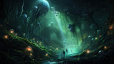 Fototapeta  - Bioluminescent creatures in an underwater cave